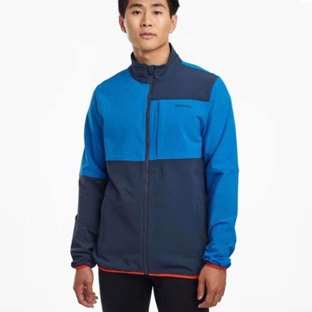 Saucony Bluster Windbreaker Jacket‎ Water Resistant Men Small Blue Pockets